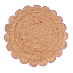 4x4, 5x5, 6x6, natural jute scallop round rug, floor pink scalloped edge rug braided boho eco large circular handmade area rugs (4x4 ft)