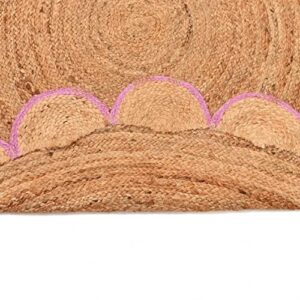 4x4, 5x5, 6x6, Natural Jute Scallop Round Rug, Floor Pink Scalloped Edge Rug Braided Boho Eco Large Circular Handmade Area Rugs (4x4 FT)