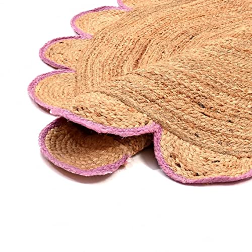 4x4, 5x5, 6x6, Natural Jute Scallop Round Rug, Floor Pink Scalloped Edge Rug Braided Boho Eco Large Circular Handmade Area Rugs (4x4 FT)