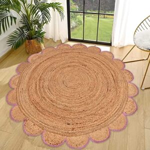 4x4, 5x5, 6x6, Natural Jute Scallop Round Rug, Floor Pink Scalloped Edge Rug Braided Boho Eco Large Circular Handmade Area Rugs (4x4 FT)