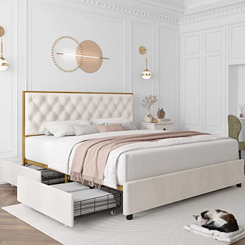 HIFIT King Platform Bed Frame with 4 Storage Drawers, Upholstered with Button Tufted Headboard, Heavy Duty Mattress Foundation with Wooden Slats, No Box Spring Needed, Golden and Beige