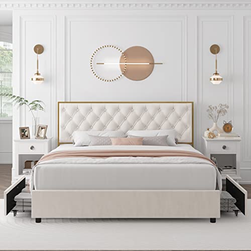 HIFIT King Platform Bed Frame with 4 Storage Drawers, Upholstered with Button Tufted Headboard, Heavy Duty Mattress Foundation with Wooden Slats, No Box Spring Needed, Golden and Beige