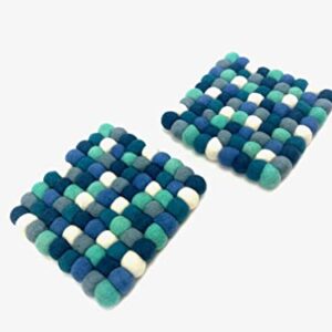 Handmade Trivet, Felt Ball Trivet, Potholders, Trivets, 100% Wool, Felt, Hot Pot Holders (Set of 2) Hot Pads, Flexible, Durable, Heat Resistant Mat, Mats, Square Trivet (Bluesh, Square)