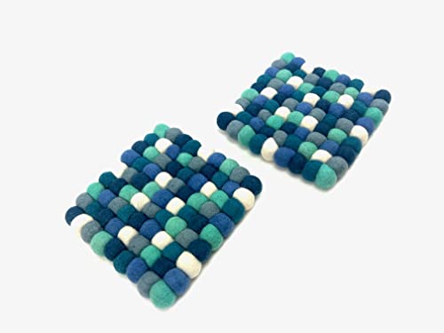 Handmade Trivet, Felt Ball Trivet, Potholders, Trivets, 100% Wool, Felt, Hot Pot Holders (Set of 2) Hot Pads, Flexible, Durable, Heat Resistant Mat, Mats, Square Trivet (Bluesh, Square)