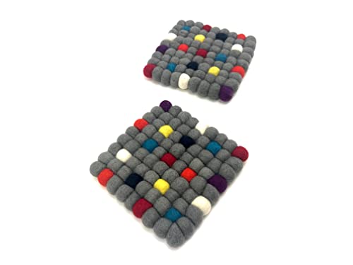 Handmade Trivet, Felt Ball Trivet, Potholders, Trivets, 100% Wool, Felt, Hot Pot Holders (Set of 2) Hot Pads, Flexible, Durable, Heat Resistant Mat, Mats, Square Trivet (Gray, Square)