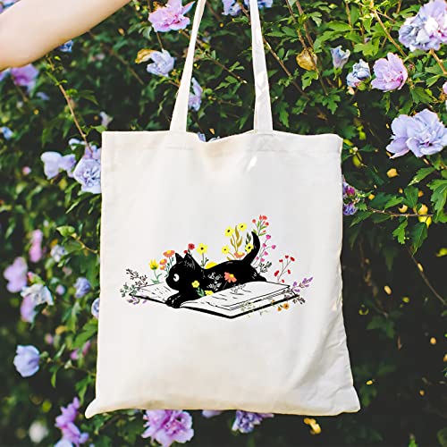 Andeiltech Tote Bag for Women Aesthetic Cute Canvas Tote Bag with Zipper Pocket Cat Book Flower Graphic Grocery Reusable Bags for Beach shopping bag