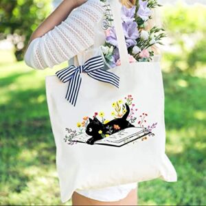 Andeiltech Tote Bag for Women Aesthetic Cute Canvas Tote Bag with Zipper Pocket Cat Book Flower Graphic Grocery Reusable Bags for Beach shopping bag