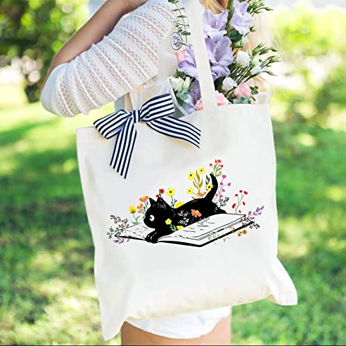 Andeiltech Tote Bag for Women Aesthetic Cute Canvas Tote Bag with Zipper Pocket Cat Book Flower Graphic Grocery Reusable Bags for Beach shopping bag