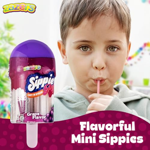 Zazers Sippie Pop Candy Filled Straws - 12 Pack of Grape Flavor Mini Candy Straws Ideal Gift for Easter, Birthday, Christmas, Party Occasions, Family Size Pack, Kosher, Approx. 240 Sticks, Net wt 216g