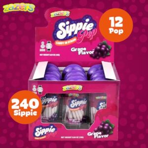 Zazers Sippie Pop Candy Filled Straws - 12 Pack of Grape Flavor Mini Candy Straws Ideal Gift for Easter, Birthday, Christmas, Party Occasions, Family Size Pack, Kosher, Approx. 240 Sticks, Net wt 216g