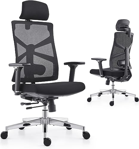 HOLLUDLE Ergonomic Office Chair with Adaptive Backrest, High Back Computer Desk Chair with 4D Armrests, Adjustable Seat Depth, Lumbar Support and 2D Headrest, Swivel Task Chair, Black