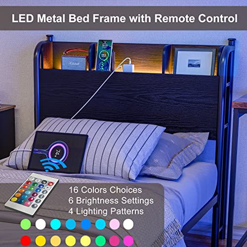 IKIFLY LED Bed Frame Twin XL with Storage Shelf Headboard & Charging Station, Heavy Duty Metal and Wood Platform Bed Frame with Under-Bed Storage, Noise Free, No Box Spring Needed - Black