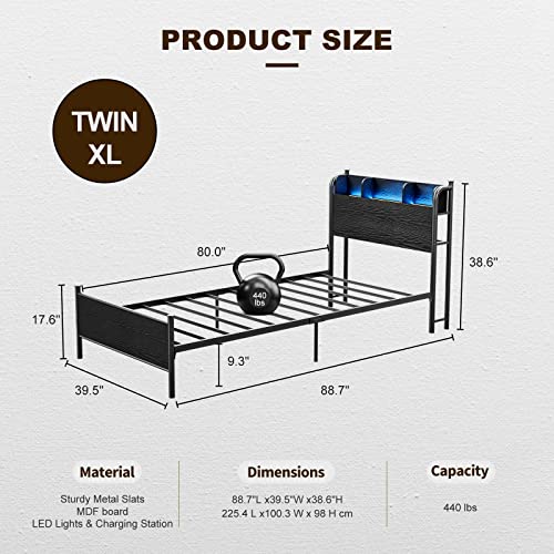 IKIFLY LED Bed Frame Twin XL with Storage Shelf Headboard & Charging Station, Heavy Duty Metal and Wood Platform Bed Frame with Under-Bed Storage, Noise Free, No Box Spring Needed - Black