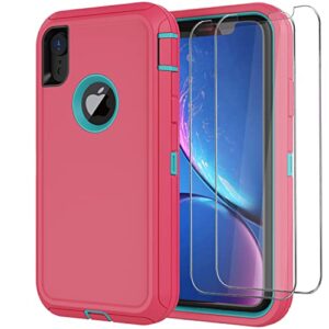 for iphone xr case with 2 x screen protector, heavy duty shockproof/drop proof/dust proof 3-layer military protection full body rugged defender durable cover for apple iphone xr (pink)