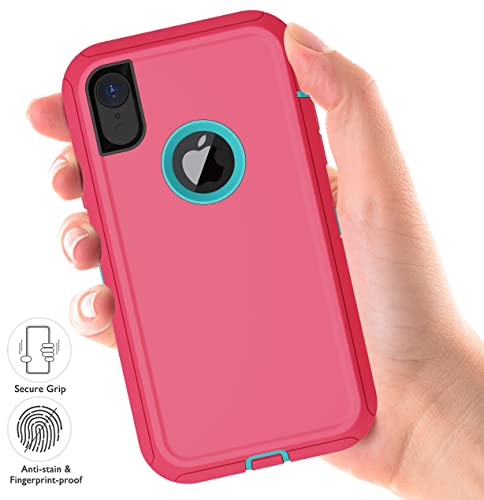 for iPhone XR Case with 2 x Screen Protector, Heavy Duty Shockproof/Drop Proof/Dust Proof 3-Layer Military Protection Full Body Rugged Defender Durable Cover for Apple iPhone XR (Pink)