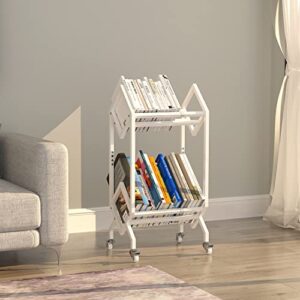 VEDECASA Bookshelf Book Cart Rack Industrial Metal Bookcase 2 Tier Holder with Wheels Modern Stylish Design Magazines Files Album Recipe Book Storage Organizer for Sofa End Bed Beside