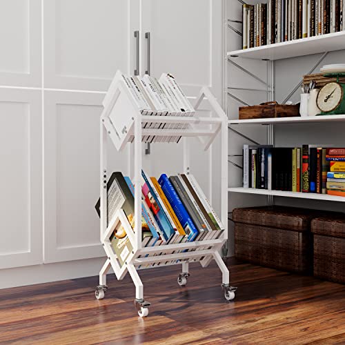 VEDECASA Bookshelf Book Cart Rack Industrial Metal Bookcase 2 Tier Holder with Wheels Modern Stylish Design Magazines Files Album Recipe Book Storage Organizer for Sofa End Bed Beside