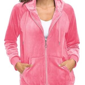 MAGCOMSEN Women's Velvet Hoodie with Side Pockets Velour Long Sleeve Outerwear Velour Fleece Jacket Fluorescent Pink L