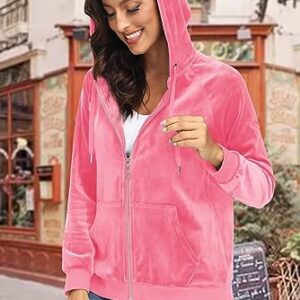 MAGCOMSEN Women's Velvet Hoodie with Side Pockets Velour Long Sleeve Outerwear Velour Fleece Jacket Fluorescent Pink L