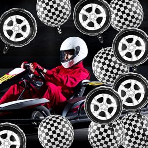 12 Pieces Black and White Checkered Balloons, Race Car Balloons Car Wheel Balloons Tire Balloons Aluminum Foil Checkered Flag Balloons for Racing Theme Birthday Party Decoration Supplies 18 Inch