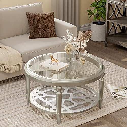 COSIEST Round Coffee Table, MDF Sofa Table with Storage Open Shelf, Double-Tempered Glass Living Room Table, End Table for Living Room, Modern Design Home Furniture (Champagne)