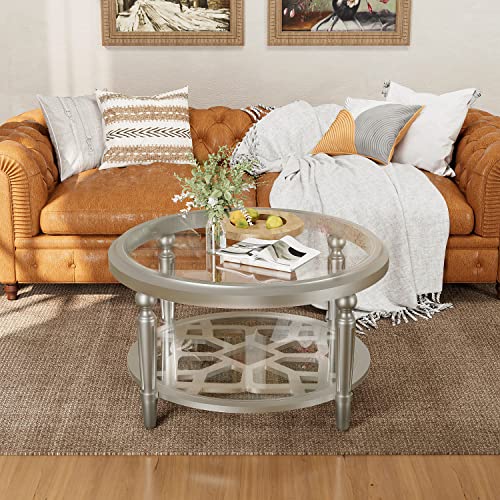 COSIEST Round Coffee Table, MDF Sofa Table with Storage Open Shelf, Double-Tempered Glass Living Room Table, End Table for Living Room, Modern Design Home Furniture (Champagne)