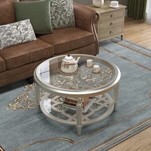 COSIEST Round Coffee Table, MDF Sofa Table with Storage Open Shelf, Double-Tempered Glass Living Room Table, End Table for Living Room, Modern Design Home Furniture (Champagne)