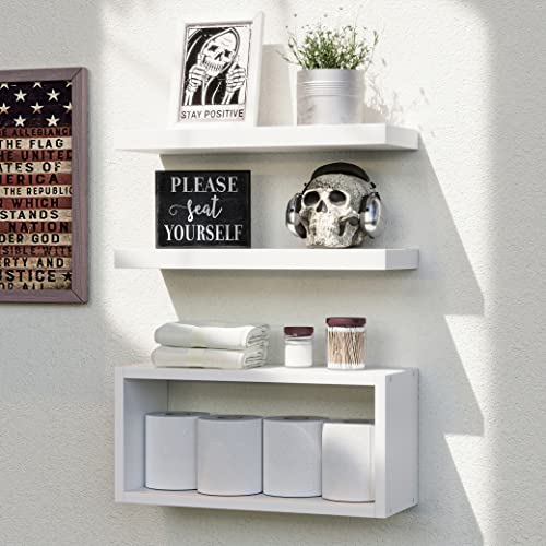 RICHER HOUSE Floating Shelves Set of 3, Modern Bathroom Shelves Wall Mounted Shelves with Invisible Brackets Over Toilet, White Wall Shelves for Bathroom Bedroom, Living Room, Kitchen - White