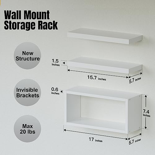 RICHER HOUSE Floating Shelves Set of 3, Modern Bathroom Shelves Wall Mounted Shelves with Invisible Brackets Over Toilet, White Wall Shelves for Bathroom Bedroom, Living Room, Kitchen - White