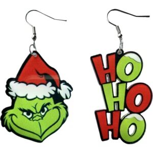 mr. grinch earrings for women, girls, teens, christmas parties and more. super cute pair of grinch earrings, grinch accessories for christmas parties. ho ho ho grinch earrings for christmas 2022. cute whoville mr. grinch earrings.