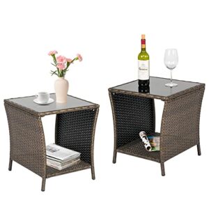 j-sun-7 patio square wicker side table - set of 2 outdoor tempered glass top end table with storage for patio courtyard balcony (brown)