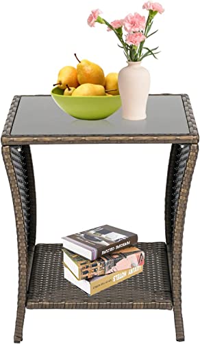 J-SUN-7 Patio Square Wicker Side Table - Set of 2 Outdoor Tempered Glass Top End Table with Storage for Patio Courtyard Balcony (Brown)