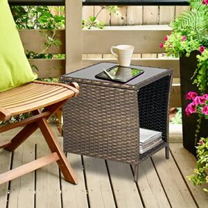 J-SUN-7 Patio Square Wicker Side Table - Set of 2 Outdoor Tempered Glass Top End Table with Storage for Patio Courtyard Balcony (Brown)