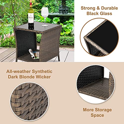 J-SUN-7 Patio Square Wicker Side Table - Set of 2 Outdoor Tempered Glass Top End Table with Storage for Patio Courtyard Balcony (Brown)