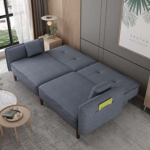 TMEOSK Convertible Futon Sofa Bed, Modern Linen Fabric Loveseat Sleeper Sofa Bed with 2 Pillows and 3 Adjustable Backrests, Convertible Sleeper Sofa Couch for Living Room, Bedroom, Small Space(Gray)