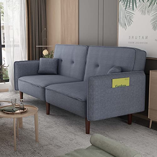 TMEOSK Convertible Futon Sofa Bed, Modern Linen Fabric Loveseat Sleeper Sofa Bed with 2 Pillows and 3 Adjustable Backrests, Convertible Sleeper Sofa Couch for Living Room, Bedroom, Small Space(Gray)