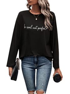 sweatyrocks women's crewneck letter graphic loose long sleeve t-shirts spring simple casual comfy tee tops shirts black xl
