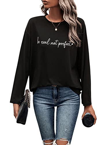 SweatyRocks Women's Crewneck Letter Graphic Loose Long Sleeve T-Shirts Spring Simple Casual Comfy Tee Tops Shirts Black XL