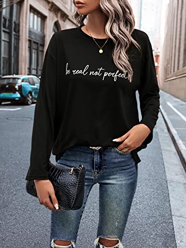 SweatyRocks Women's Crewneck Letter Graphic Loose Long Sleeve T-Shirts Spring Simple Casual Comfy Tee Tops Shirts Black XL