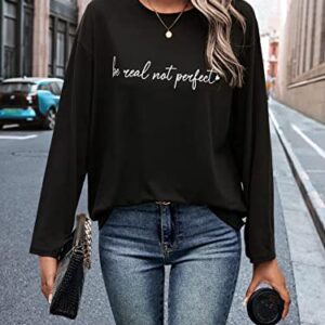 SweatyRocks Women's Crewneck Letter Graphic Loose Long Sleeve T-Shirts Spring Simple Casual Comfy Tee Tops Shirts Black XL