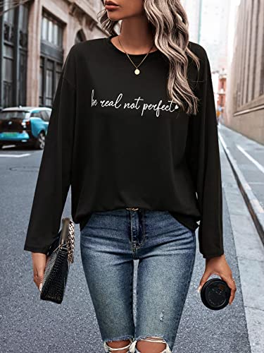 SweatyRocks Women's Crewneck Letter Graphic Loose Long Sleeve T-Shirts Spring Simple Casual Comfy Tee Tops Shirts Black XL