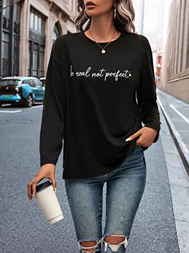 SweatyRocks Women's Crewneck Letter Graphic Loose Long Sleeve T-Shirts Spring Simple Casual Comfy Tee Tops Shirts Black XL