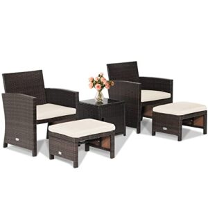 tangkula 5 pieces wicker patio furniture set, patiojoy conversation chair and ottoman set with single-door storage coffee table and cushions, outdoor lounge chair chat set, space-saving (off white)