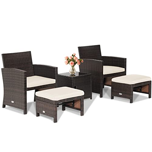 Tangkula 5 Pieces Wicker Patio Furniture Set, Patiojoy Conversation Chair and Ottoman Set with Single-Door Storage Coffee Table and Cushions, Outdoor Lounge Chair Chat Set, Space-Saving (Off White)