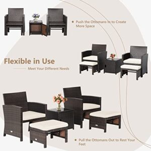 Tangkula 5 Pieces Wicker Patio Furniture Set, Patiojoy Conversation Chair and Ottoman Set with Single-Door Storage Coffee Table and Cushions, Outdoor Lounge Chair Chat Set, Space-Saving (Off White)