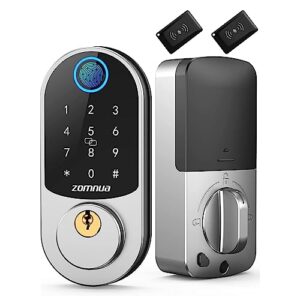 keyless entry door lock, zomnua fingerprint smart front door locks with keypads, smart digital biometric electric deadbolt lock with auto lock, fob, code, touchscreen,silver