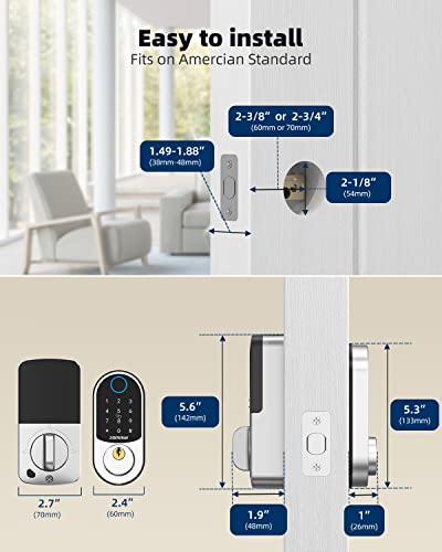 Keyless Entry Door Lock, Zomnua Fingerprint Smart Front Door Locks with Keypads, Smart Digital Biometric Electric Deadbolt Lock with Auto Lock, Fob, Code, Touchscreen,Silver