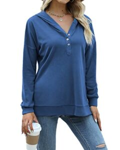 auremore womens hoodies v neck long sleeve tops fall shirts button up fashion sweaters blue l