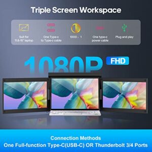 KPKUE Triple Laptop Monitor Extender, 13.3'' 1080P FullHD IPS Dual Portable Monitor for Laptop, Type-C Travel Extended Monitor for 11.6-15'' Laptop, One Cable Connect No Driver (Windows Only)