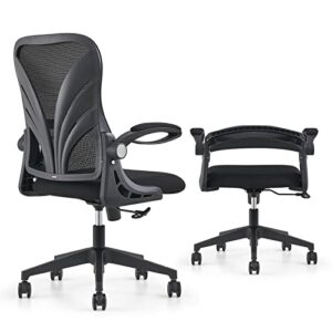 holludle ergonomic office chair with foldable backrest, computer desk chair with flip-up armrests, mesh lumbar support and tilt function big and tall office chair, black